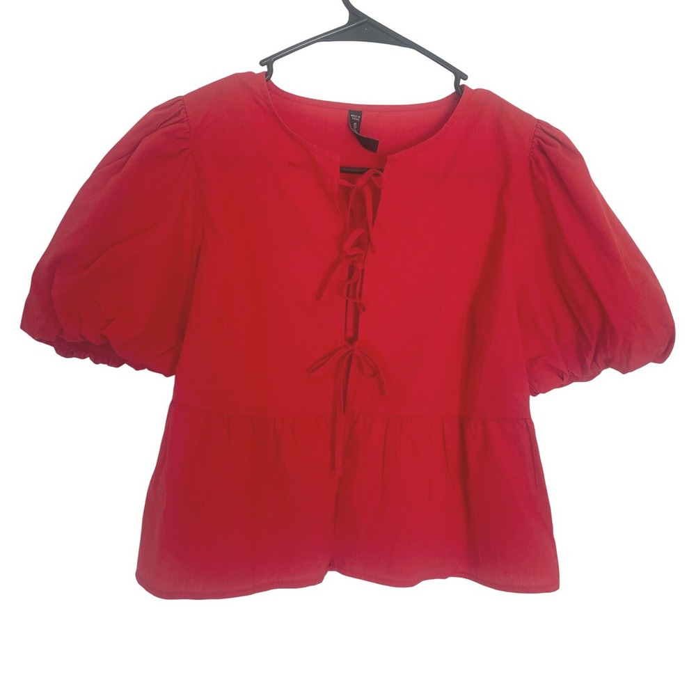 FB Sister Womens Red Blouse Puff Sleeve Tie Front Peplum Sm Coquette Romantic